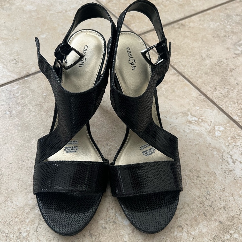 East 5th Black High-Heeled Sandals with Ankle Strap